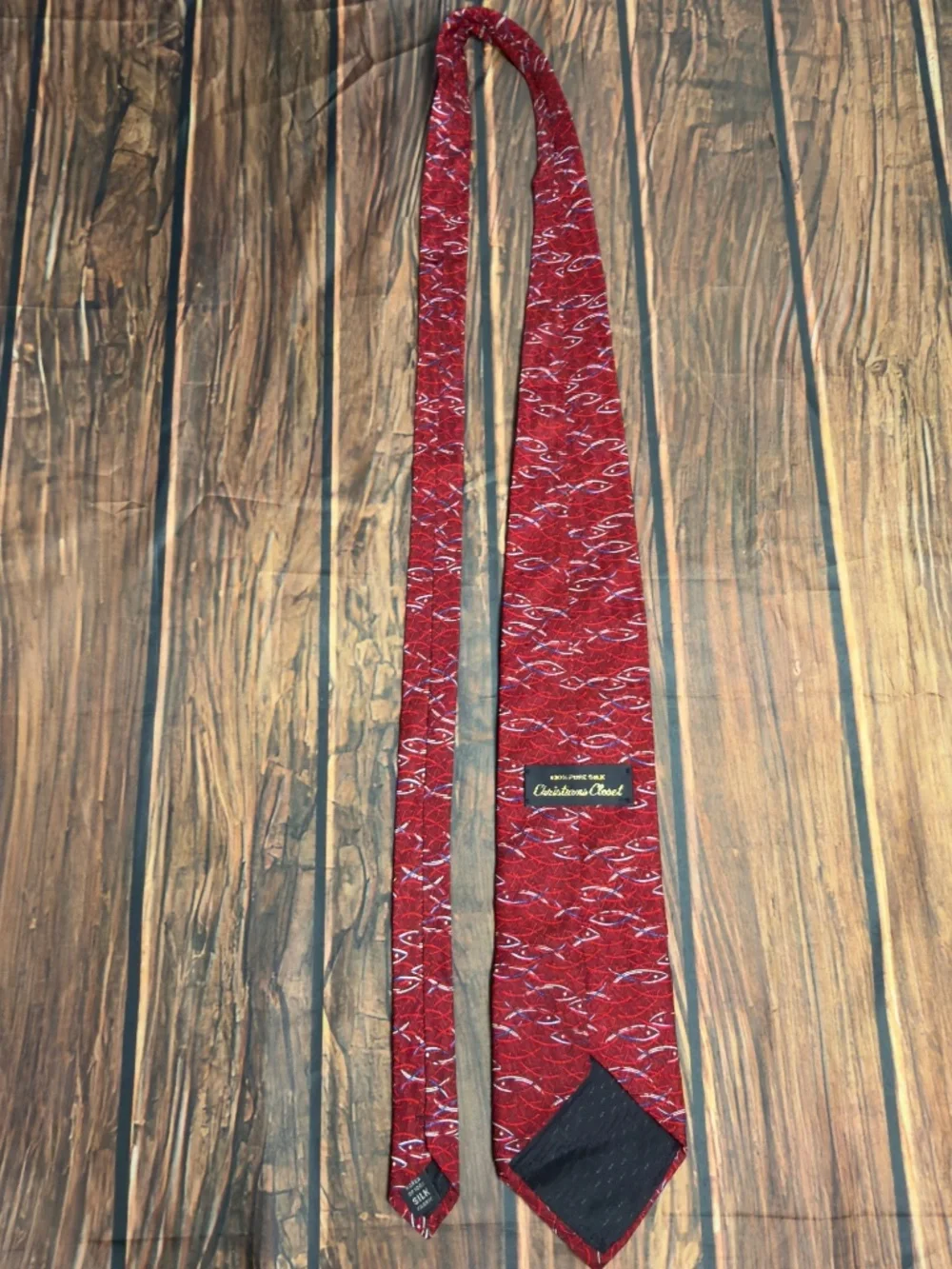 Christians Closet XL 100% Silk Red Christian Fish Tie Ichthys Necktie Apprx. 62